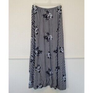 JM Fleurette Skirt Striped Floral Long Elastic Waist Black and White 24 X 34.5"